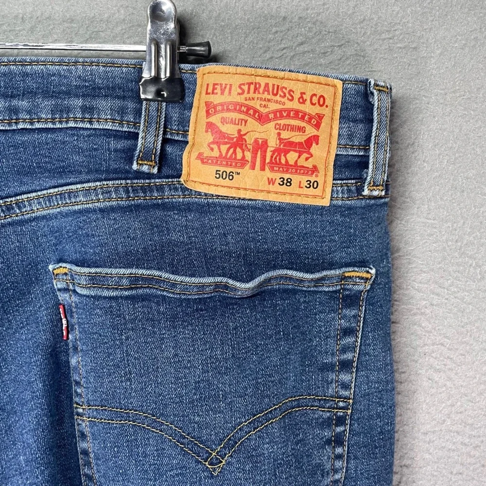 Levis 506 Jeans Mens 38x30 Regular Straight Blue Stretch Denim‎